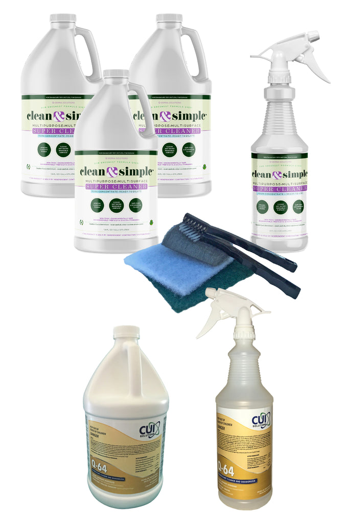 Purchase three gallons of clean & simple™ SUPER CLEANER concentrate at the regular price, and receive one gallon of our most popular hospital grade surface disinfectant concentrate, Q-64 for free!  The Q-64 Disinfectant Cleaner and Deodorizer concentrate will make a total of 64 gallons of killer surface disinfectant/sanitizer to help you keep your home, business, or organization safe and sanitary!