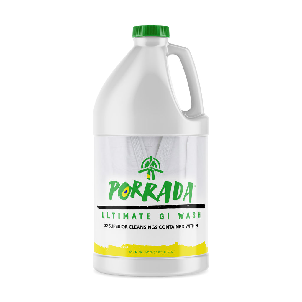 PORRADA™ ULTIMATE GI WASH has been expressly formulated for the eradication of blood, sweat, tears, and general mat funk from Gi’s and training garments!