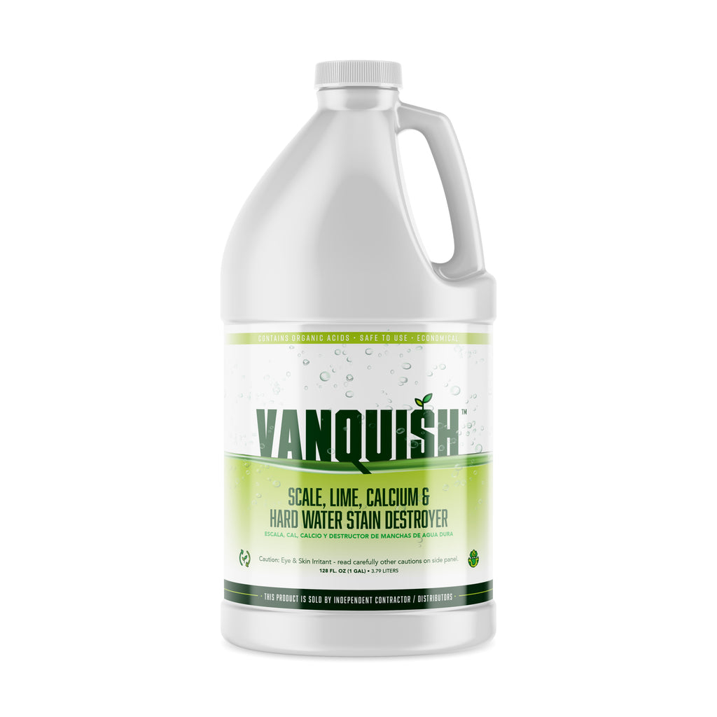 VANQUISH™ Scale, Lime, Calcium, & Hard Water Stain Destroyer!   VANQUISH™ is specially blended with a patented low pH organic salt capable of replacing a wide range of traditional acids. From 50–80% more effective at removing calcium carbonate/limescale than acids such as phosphoric, citric, sulfamic, and glycolic. We recommend this product if "green certification" is required.