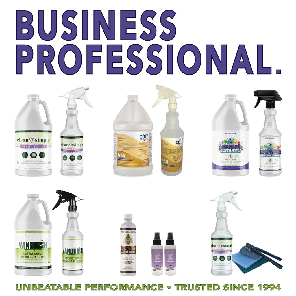 Collection of cleaning products with visible branding on a white background.