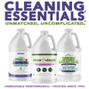 Three cleaning product bottles with labels on a white background, featuring text about cleaning essentials.