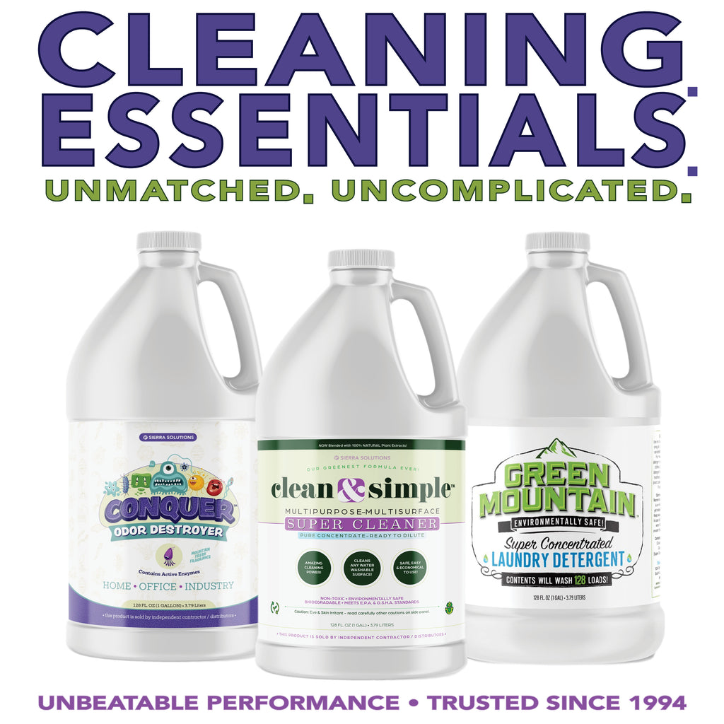 Three cleaning product bottles with labels on a white background, featuring text about cleaning essentials.