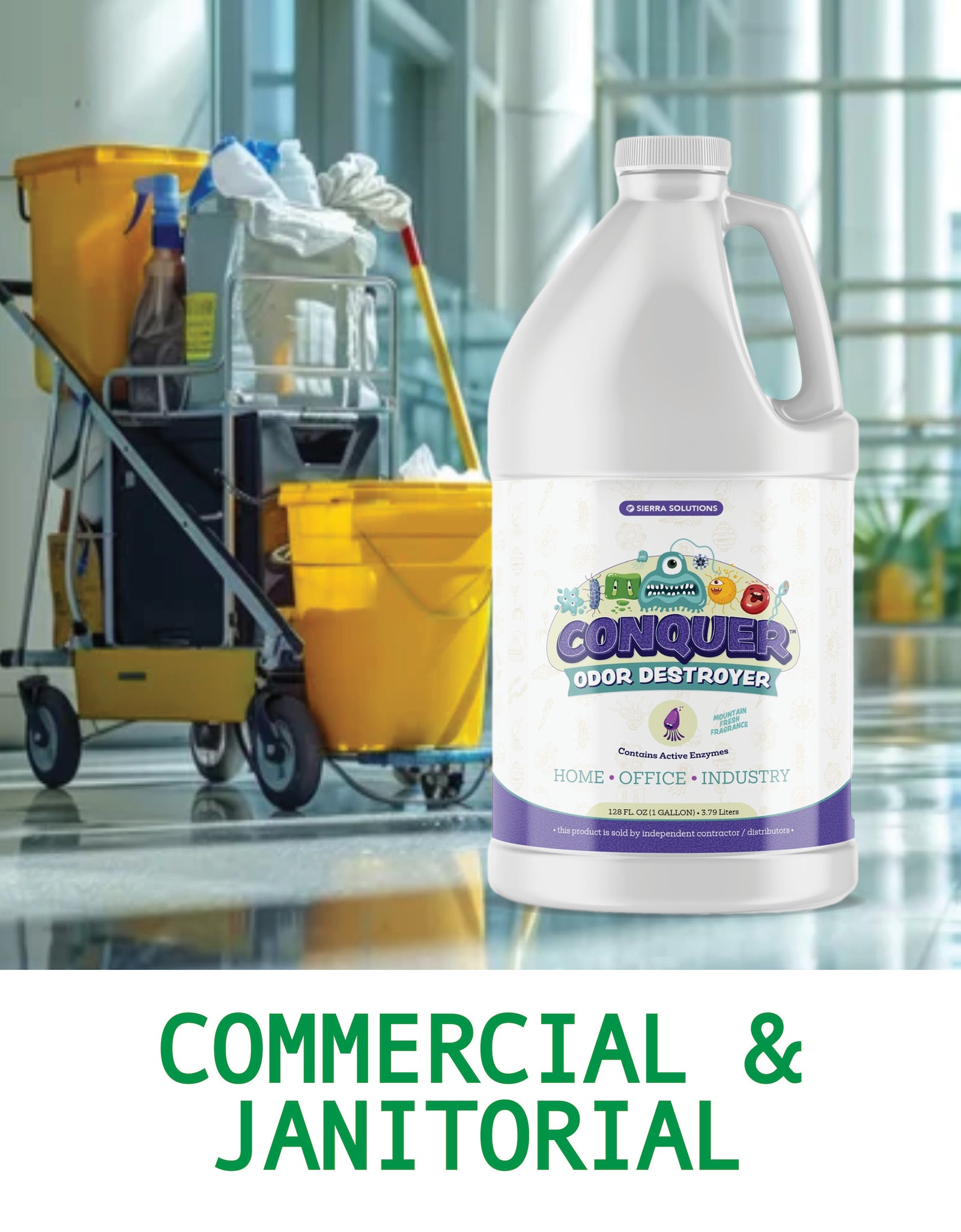 Gallon container of a deodorizing product with janitorial equipment in the background.