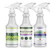 three quart spray bottles with colorful labels, hardwater remover, all-purpose cleaner, odor remover 