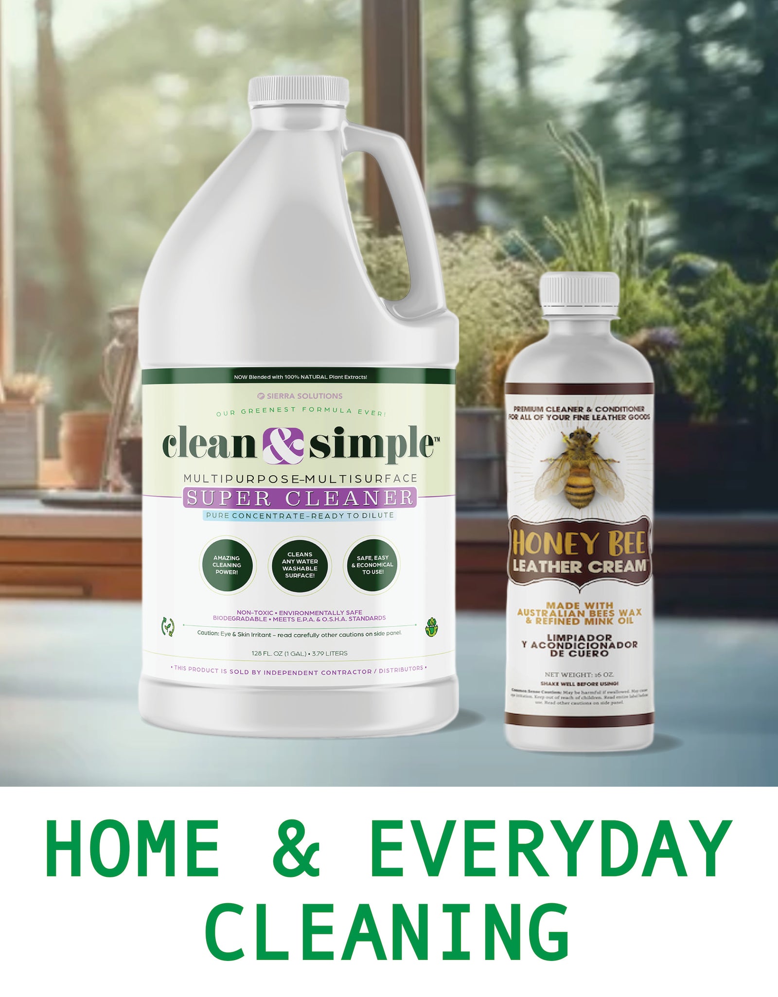 Two cleaning products, a gallon-sized bottle and a smaller bottle, with 'Clean & Simple' and 'Honey Bee' branding on a blurred background.