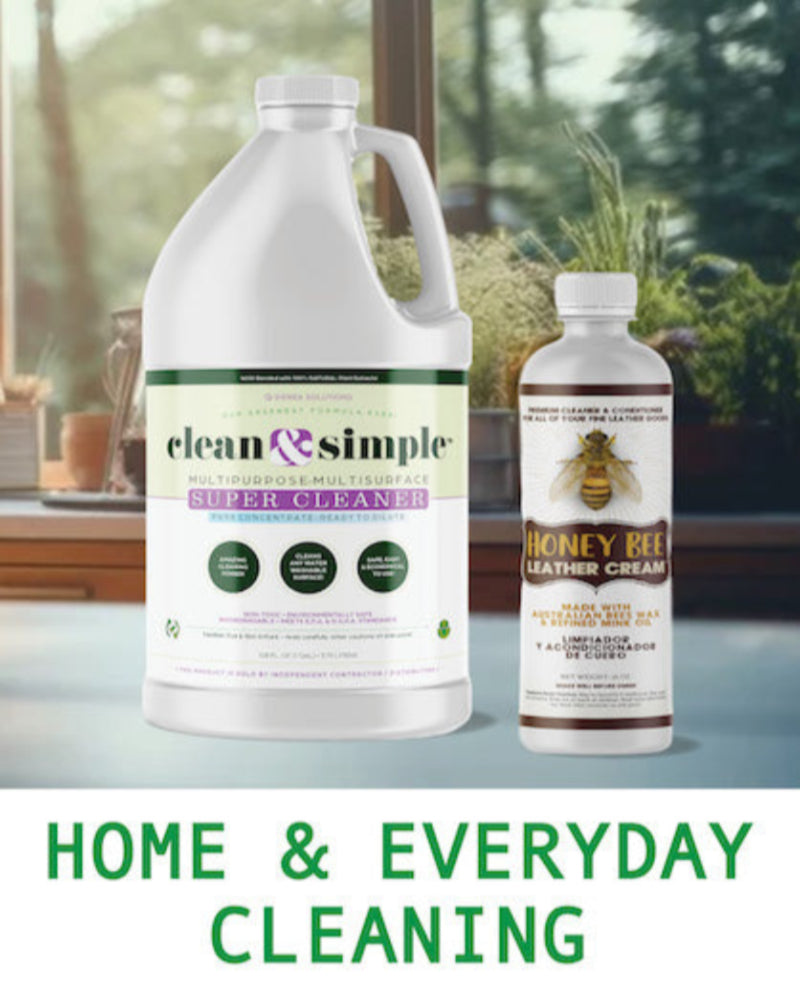 Two cleaning products, a gallon-sized bottle and a smaller bottle, with 'clean & simple SUPER CLEANER concentrate' and 'Honey Bee Leather Cream' branding on a blurred background.