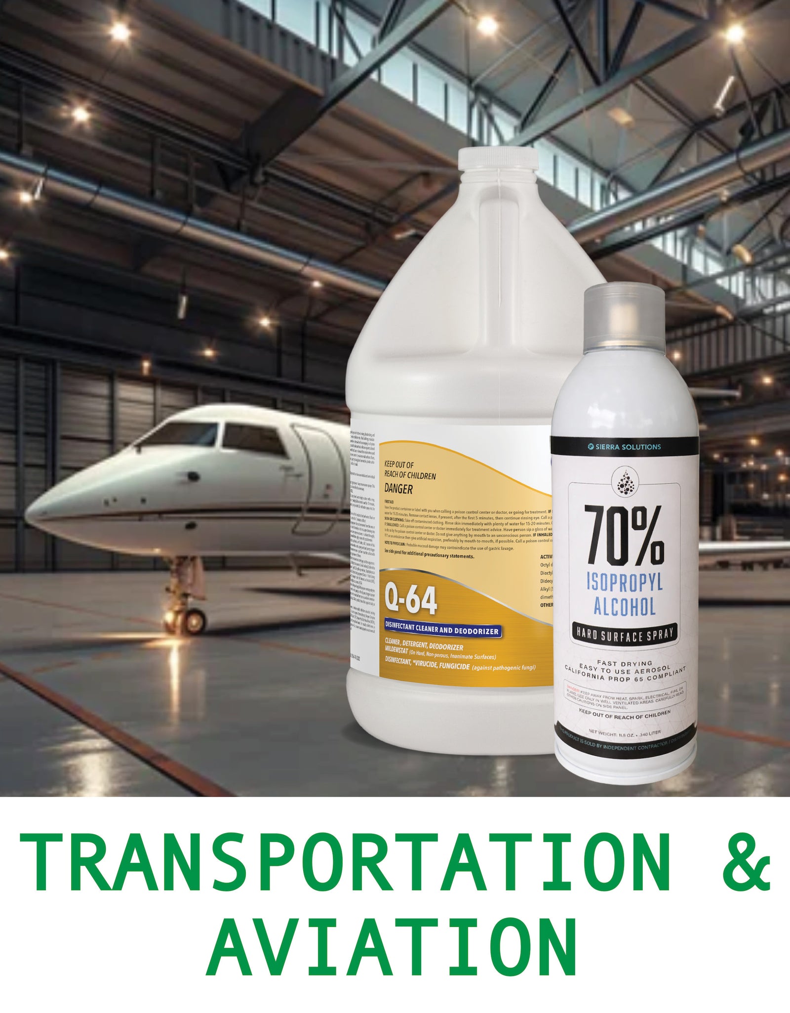 Two bottles of cleaning products in front of an airplane in a hangar with 'Transportation & Aviation' text.