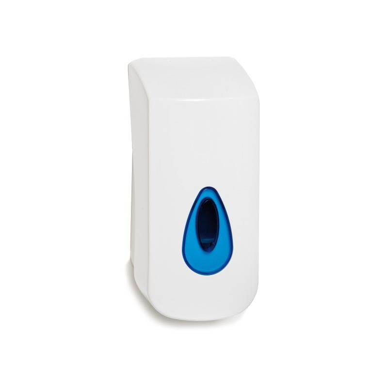 A white, wall-mounted Brightwell foam soap dispenser with a blue window.