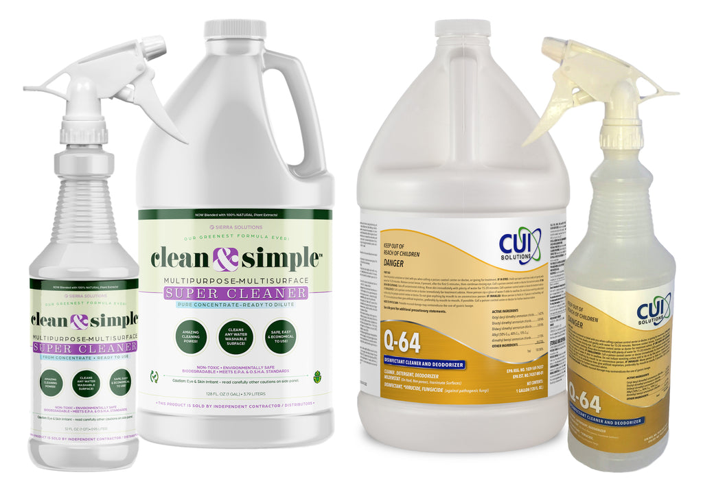 This special offer includes one gallon of our World Famous and Earth-Friendly clean & simple™ SUPER CLEANER concentrate (which will make 64 quarts of ready-to-use, multi-purpose, multi-surface spray cleaner), and one gallon of Q-64 Disinfectant & Deodorizer concentrate (which will make 256 ready-to-use quarts of EPA registered disinfectant).