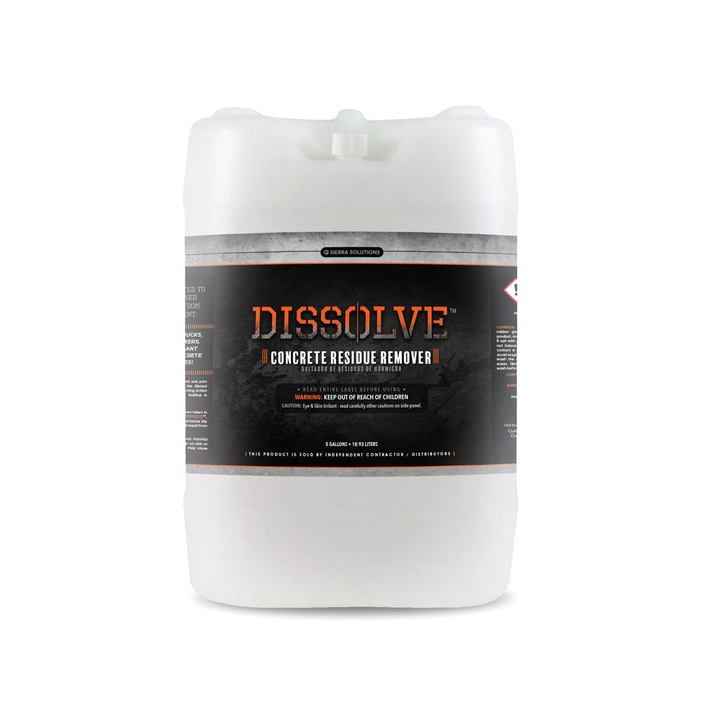 DISSOLVE CONCRETE RESIDUE REMOVER/CLEANER removes hardened concrete from bulk hauler trucks, redi-mix equipment. Cleans concrete off of mixers, forms and tools. Cleans unwanted hardened concrete where unwanted residue accumulates
