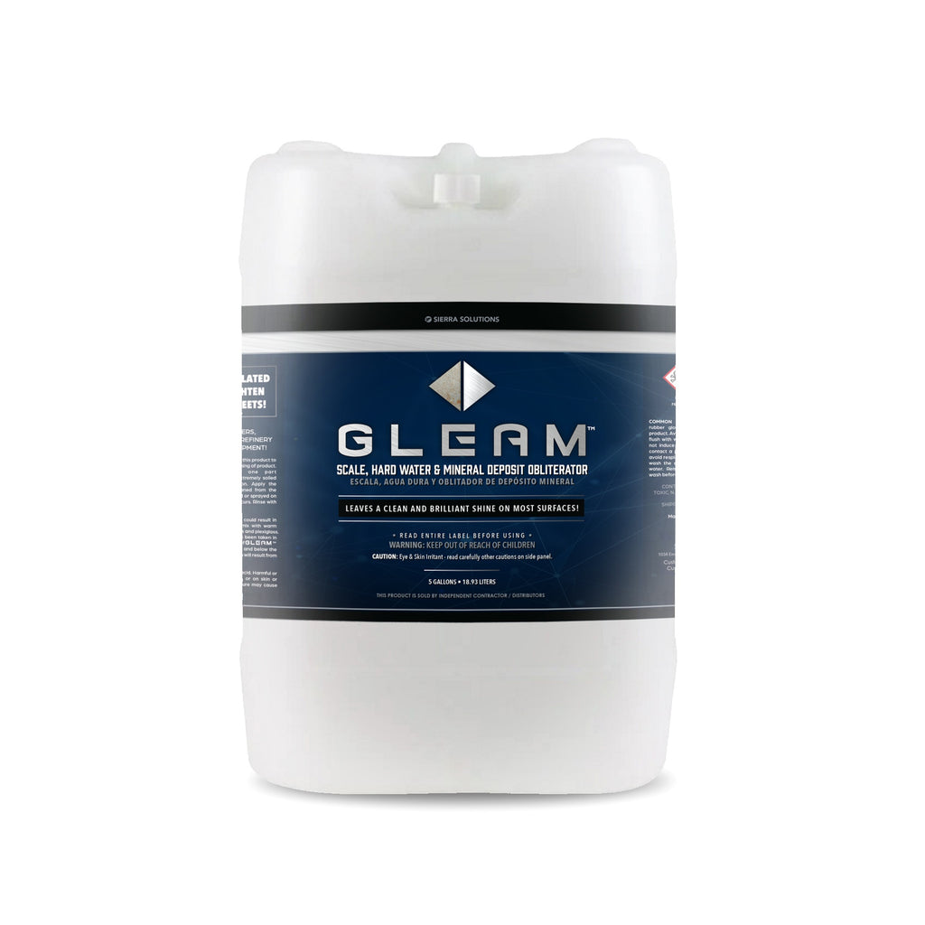 A 5-gallon tub labeled GLEAM Scale, Hard Water & Mineral Deposit Obliterator, primarily white in color with blue and black text. 