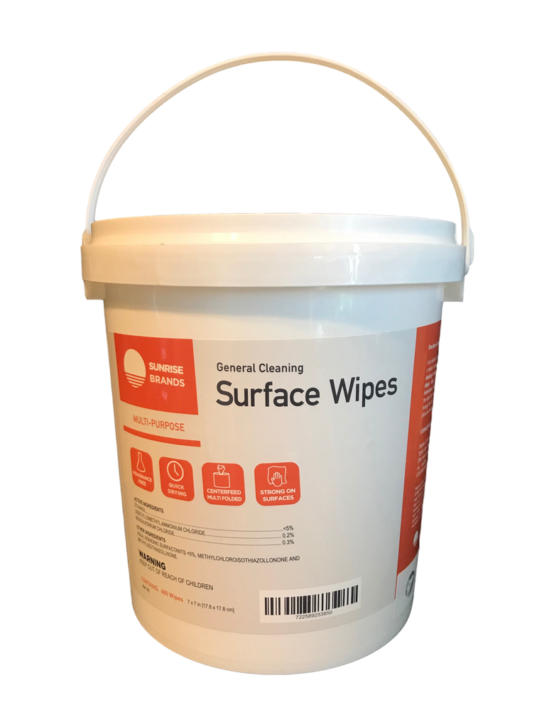 Multi-Purpose  • Multi-Surface  • Fragrance-Free  • Quick Drying  • Center Feed Multi-Folded  • Strong on Surfaces  • Kills Bacteria and Viruses  This handy tub of general surface cleaning wipes is packed full with 400 individual 7" by 7" wipes!  Active ingredients are:  ETHANOL, DIDECYL DIMETHYL AMMONIUM CHLORIDE & BENZALKONIUM CHLORIDE