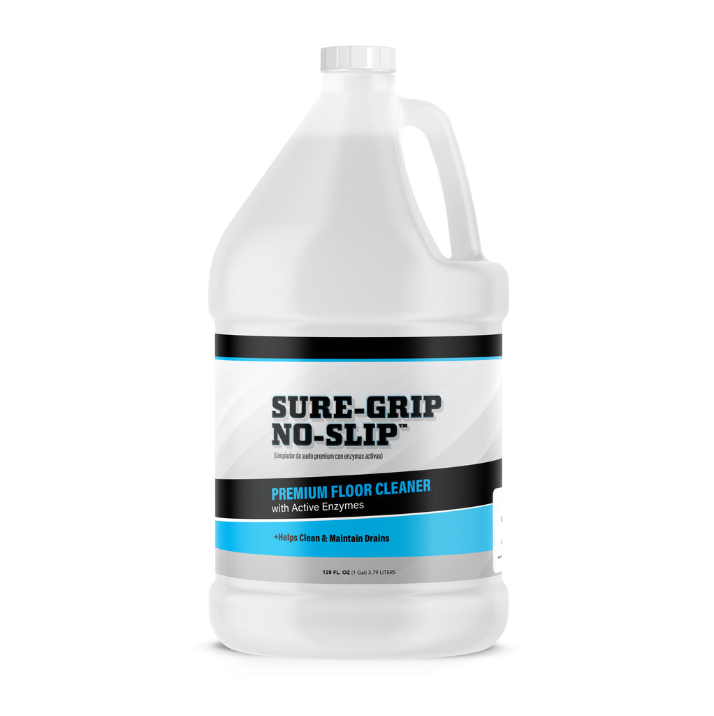 SURE-GRIP NO-SLIP™ Premium Floor Cleaner is our industrial grade floor cleaner. Designed to reduce slip and fall accidents and proven to increase floor friction by attacking grease and oil that can create unsafe slippery surfaces. Use as a daily cleaning solution for removing greasy buildup by using bio-enzymatic technology along with traditional cleaning agents to break down all types of greases and oils.