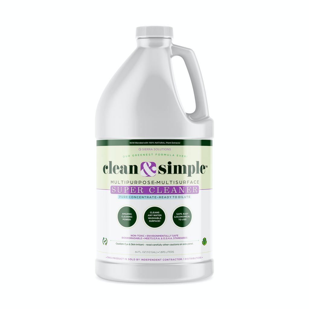 clean & simple™ is a multi-purpose, multi-surface, super cleaner concentrate, specially blended from the finest plant-derived ingredients available, that when diluted with water, will clean virtually any water washable surface. Each half gallon of concentrate will make 32 one-quart bottles of a safe, excellent, general-purpose cleaner!