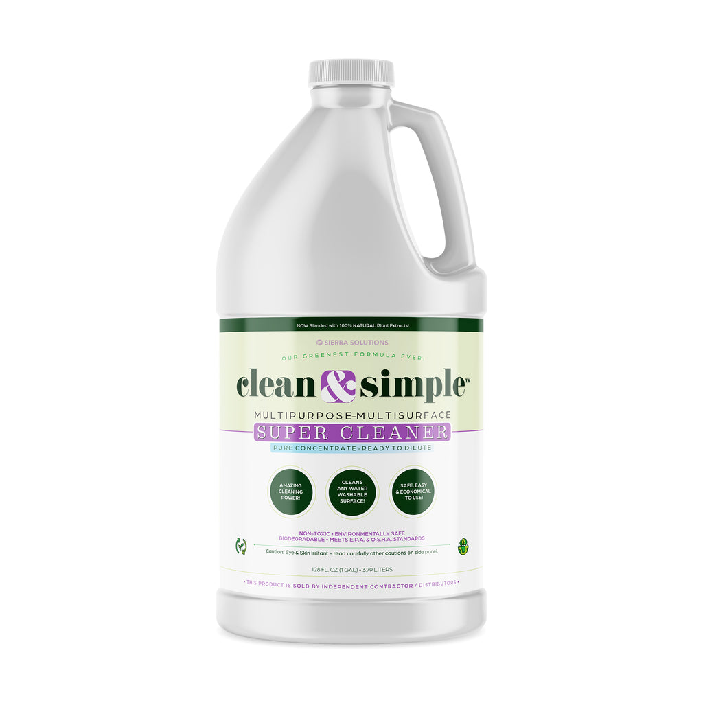 clean & simple™ SUPER CLEANER concentrate. This product will clean virtually any water washable surface at a 15:1 dilution. It has an Earth Friendly formula derived from coconut, soy and pine extracts. Designed to clean the toughest stains. One gallon of concentrate will dilute into 64 quart spray bottles. When ordered by the case each quart is only $0.88 cents to use. SAVE MONEY using clean & simple™. 