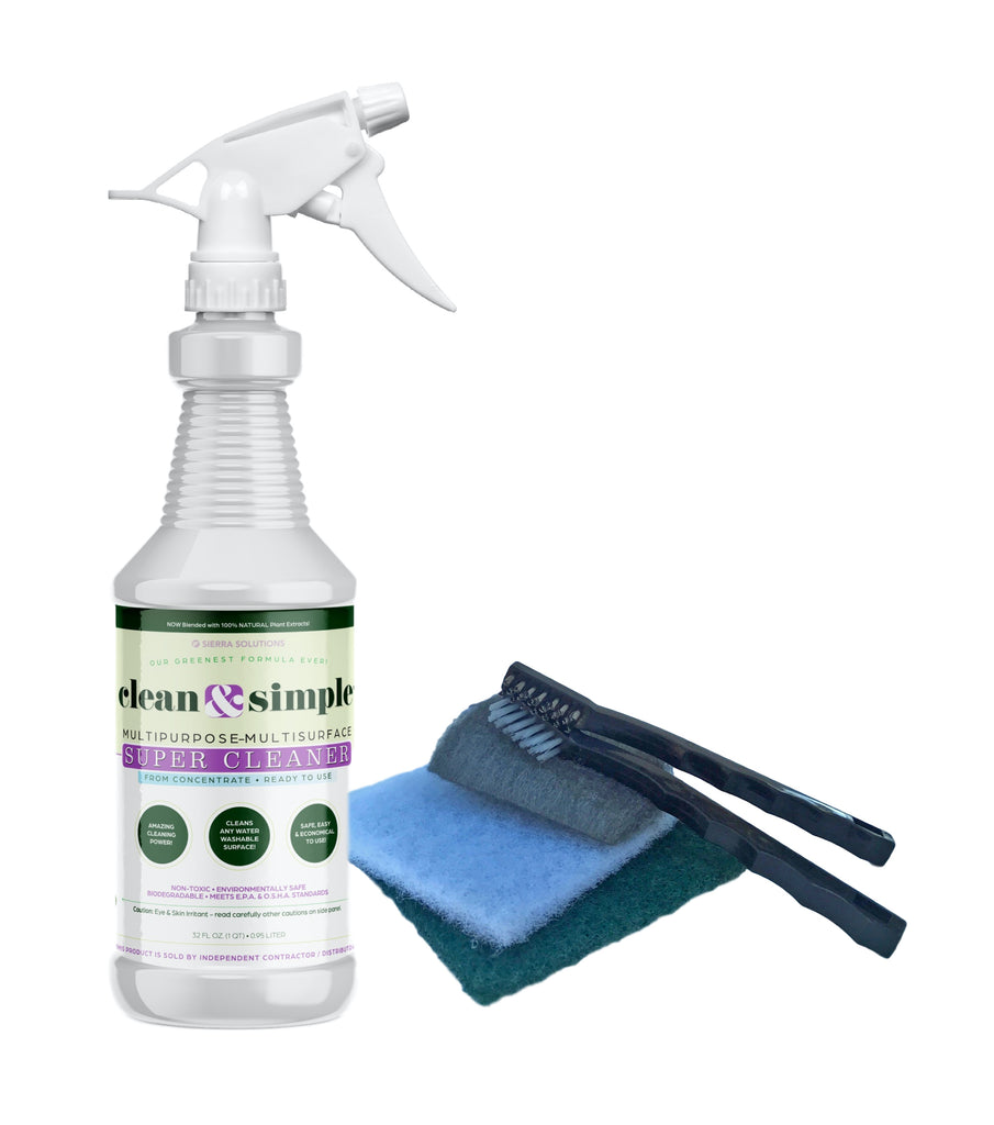 An empty spray bottle for clean & simple  SUPER CLEANER concentrate and helpful cleaning supplies 